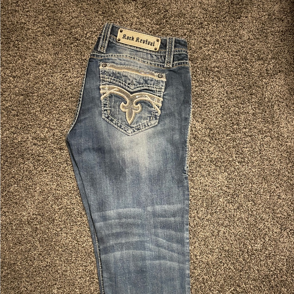 Rock Revival Blue Ankle Cropped Capri with Ornate Stitching